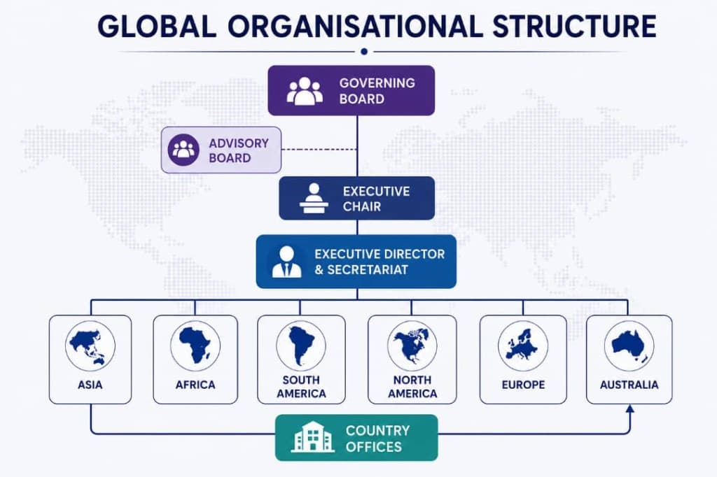 CILGD global organisational structure: the Governing Board and Advisory Board oversee the Executive Chair and the Executive Director & Secretariat, which coordinate six continental platforms and the Country Offices.