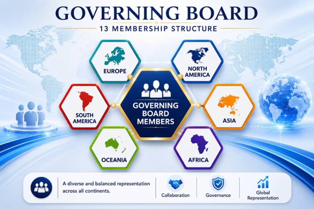 Governing Board — a 13-member structure with representation drawn from Europe, North America, Asia, Africa, Oceania, and South America.